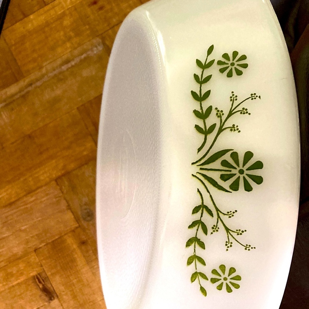 Glassbake green daisy vintage milk glass oval spilt bakeware serving piece